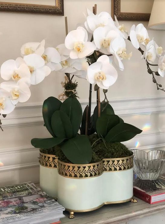 Pale Green & Gold Leaf Boarder Quatrefoil Planter