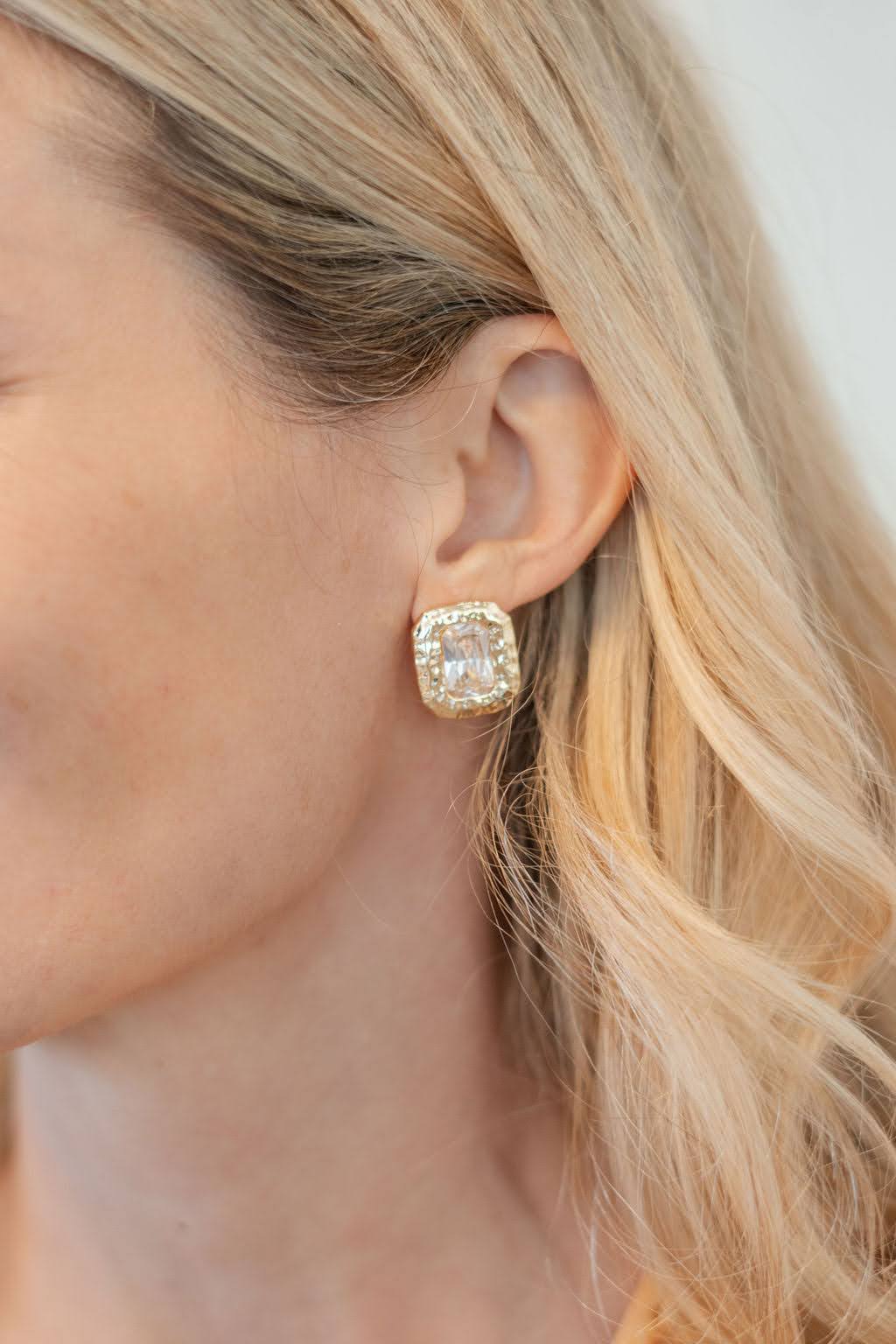 Emilia - Large Rectangle Textured Bezel Earring - 18k Gold Plated- Darby Clark Collection