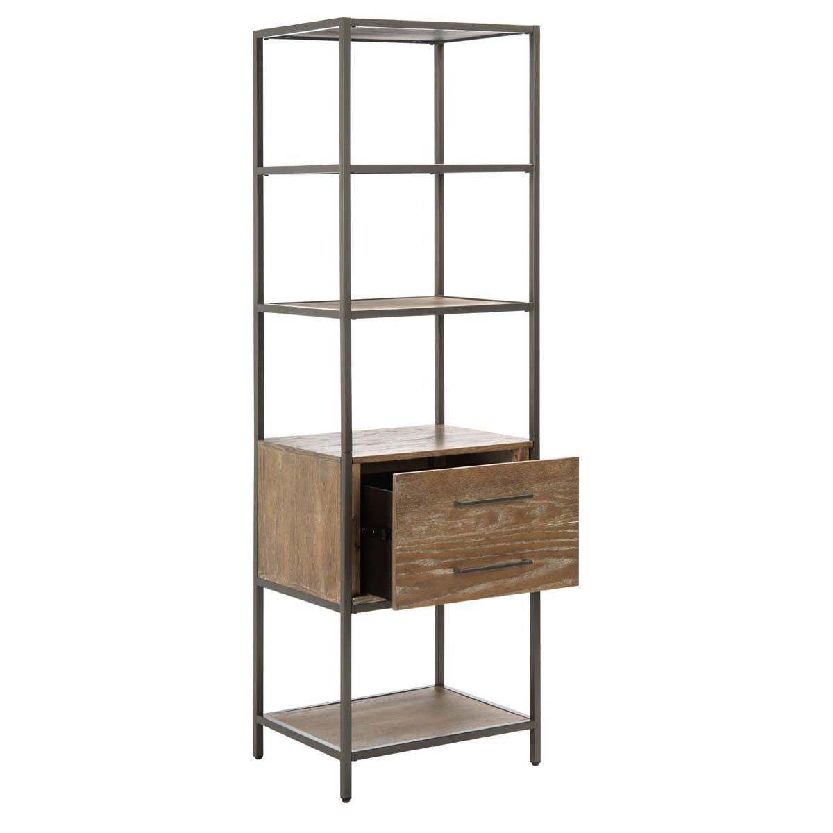 Jola 5 Shelf 1 Drawer Etagere | Safavieh - Rustic Oak / Gunmetal