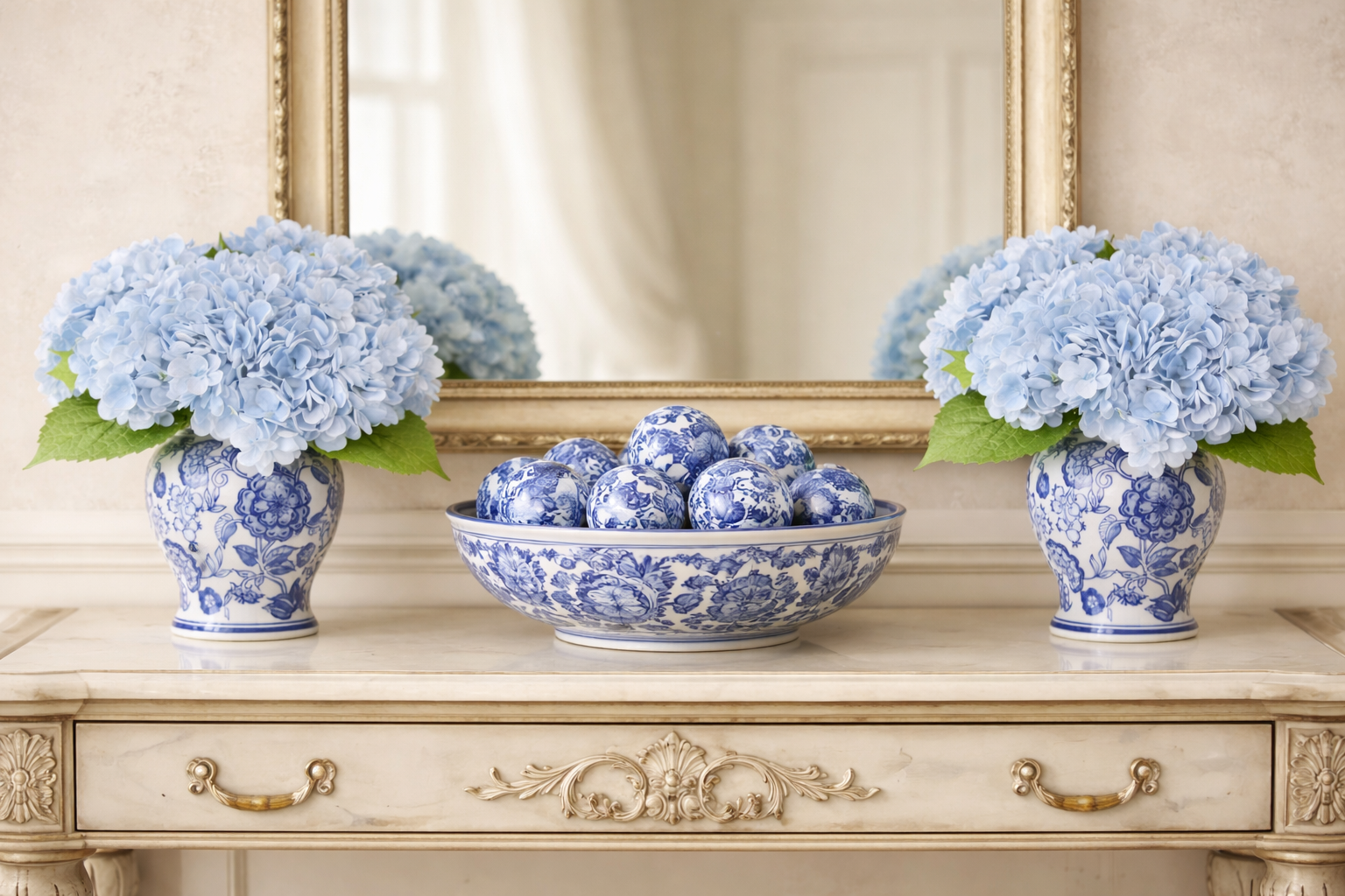 Pale Blue Hydrangea in Floral Porcelain Jar