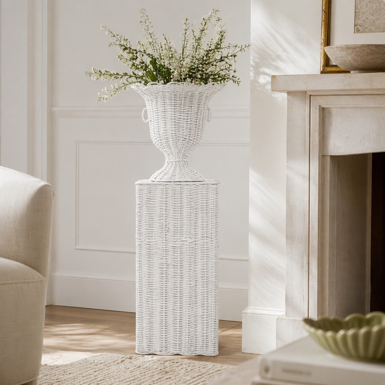 White Square Scalloped Wicker Urn and Pedestal (3 Options)