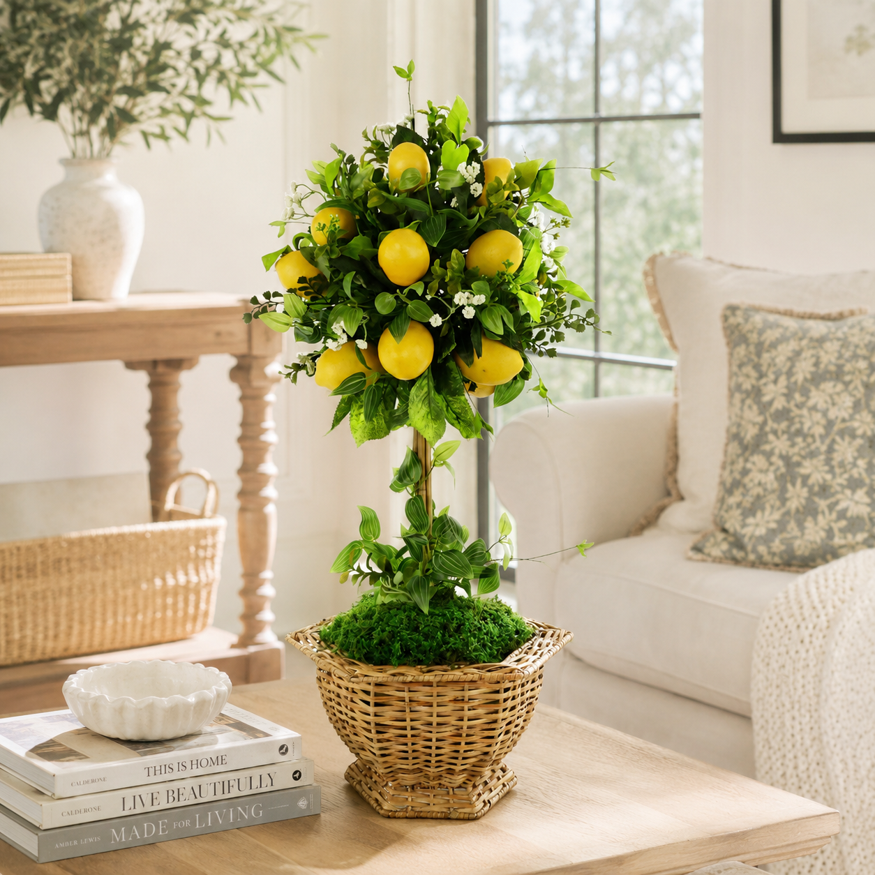 Lemon Topiary in Wicker Hexagon Planter