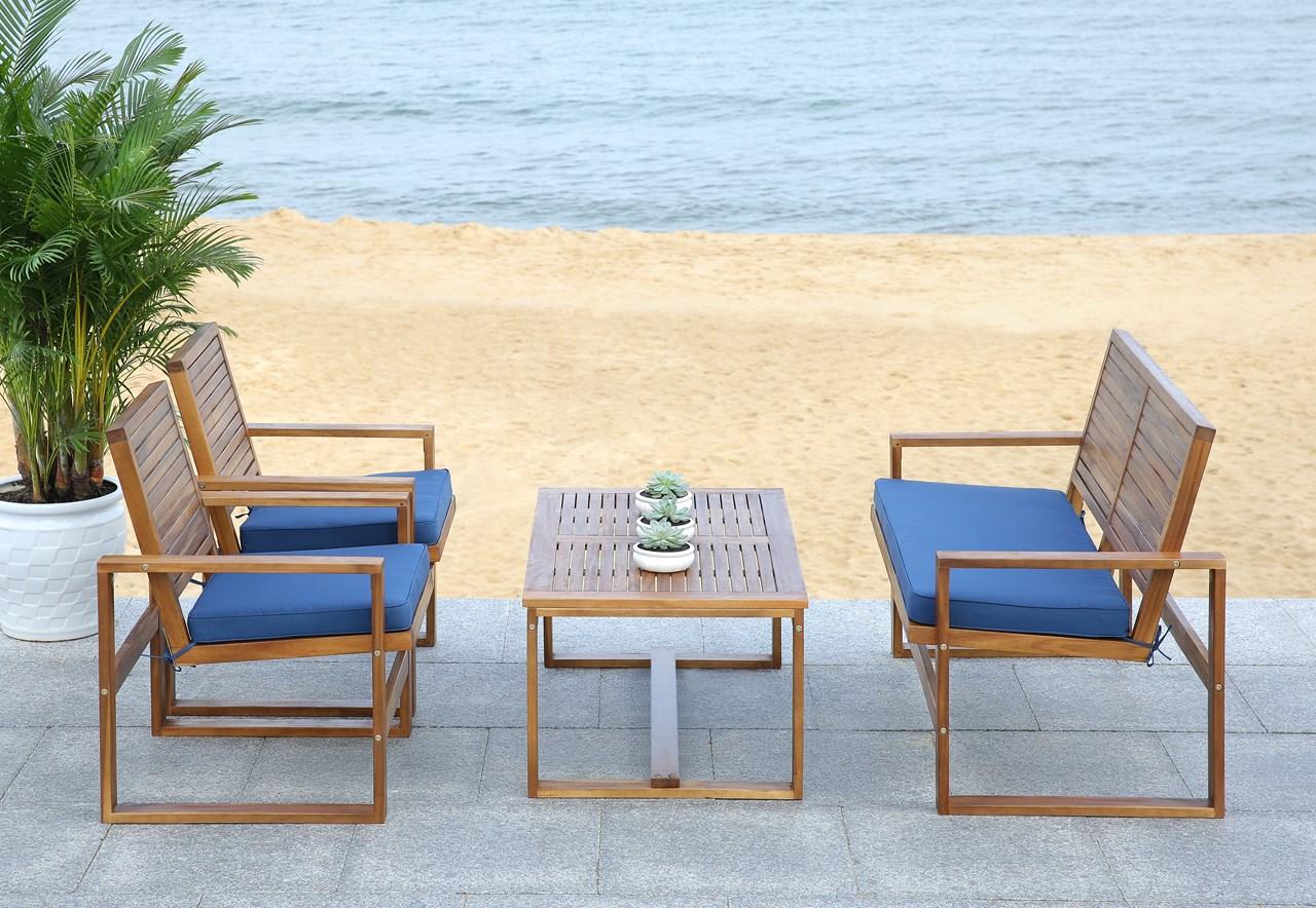 Safavieh Ozark 4 Pc Outdoor Living Set , FOX6007 - Brown/ Navy
