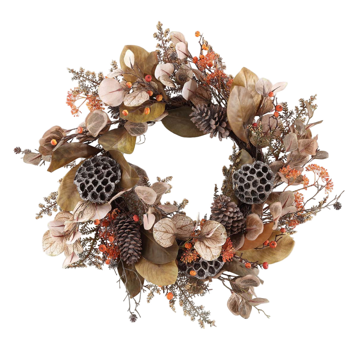 Faux 32 Inch Eucalyptus & Lotus Wreath W/ Pine Cones | Safavieh - FXP1051 - Multi