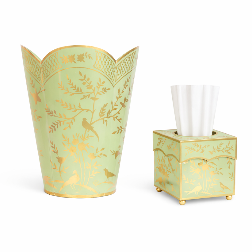 Spring Green & Gold Chinoiserie Wastepaper Basket & Tissue (3 Options)