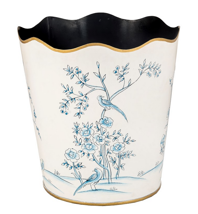 Ivory & Blue w/Gold Trim Scalloped Wastepaper Basket & Tissue (3 Options)