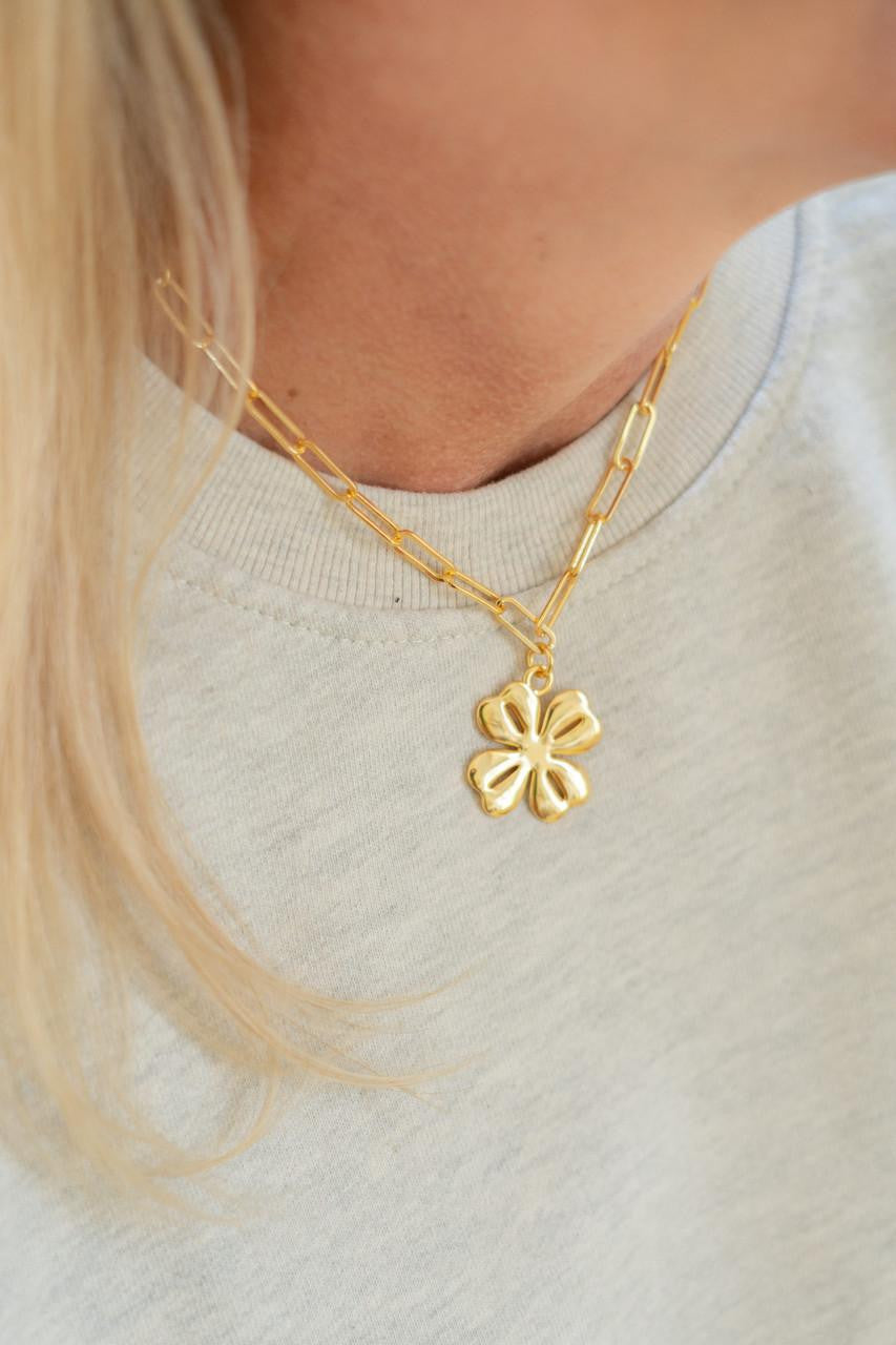 Gold Shamrock Charm Necklace with Paper Clip Chain - 18k Gold Plated
