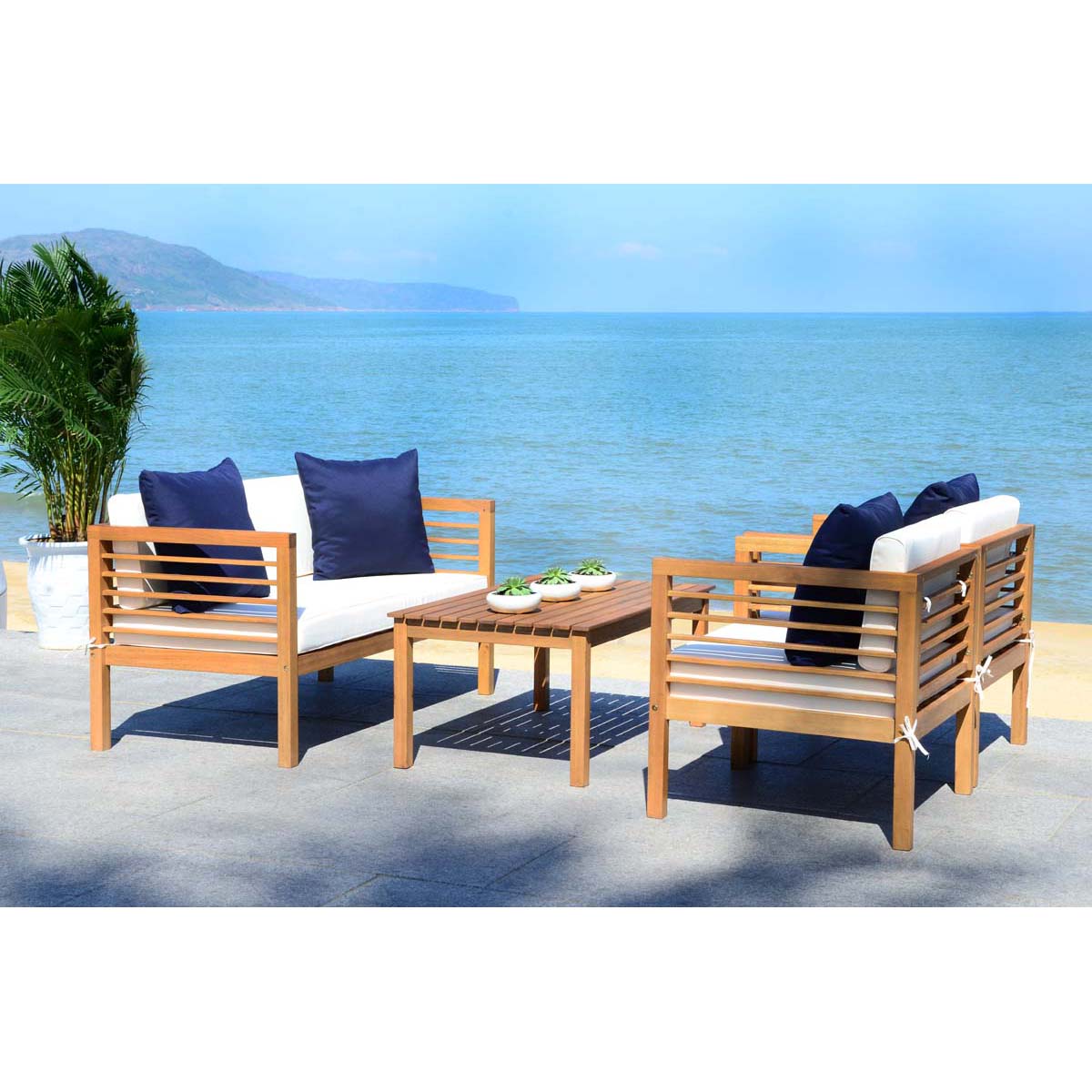 Safavieh Alda 4 Pc Outdoor Set With Accent Pillows , PAT7033 - Natural/Beige/Navy