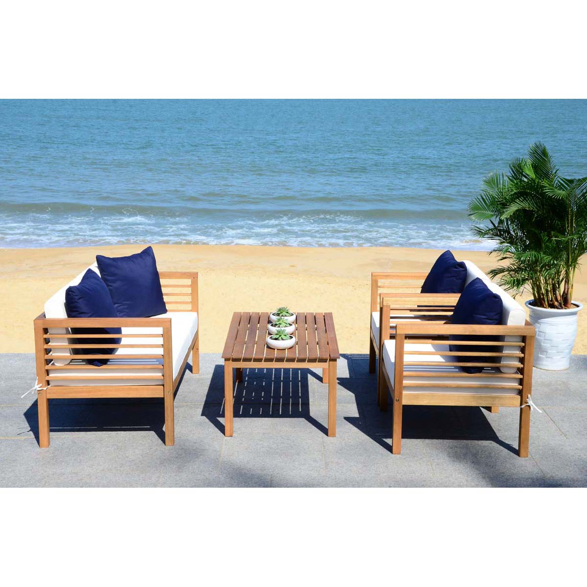 Safavieh Alda 4 Pc Outdoor Set With Accent Pillows , PAT7033 - Natural/Beige/Navy