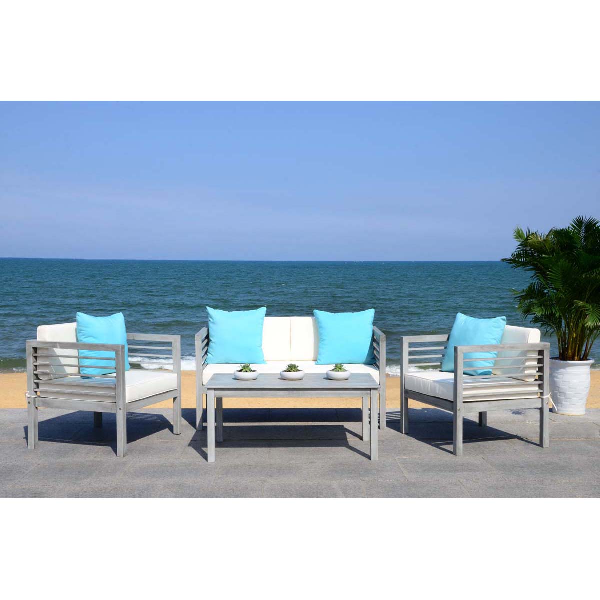 Safavieh Alda 4 Pc Outdoor Set With Accent Pillows , PAT7033 - Grey Wash/Beige/Light Blue