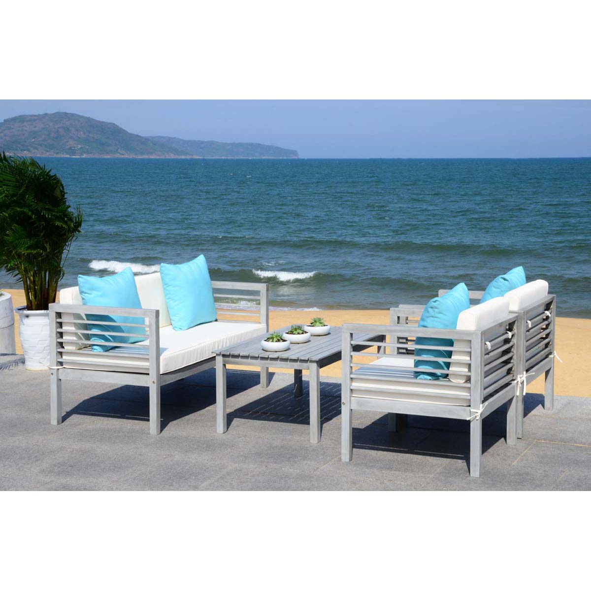 Safavieh Alda 4 Pc Outdoor Set With Accent Pillows , PAT7033 - Grey Wash/Beige/Light Blue
