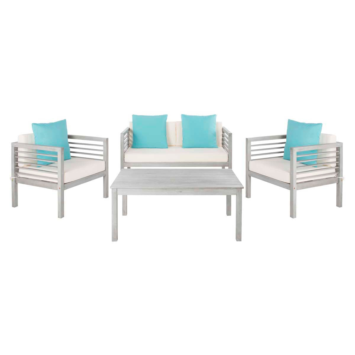 Safavieh Alda 4 Pc Outdoor Set With Accent Pillows , PAT7033 - Grey Wash/Beige/Light Blue