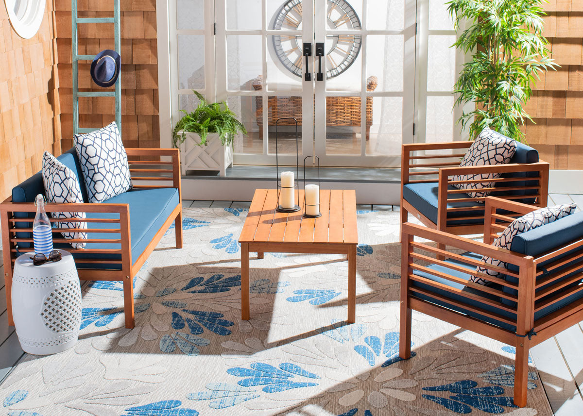 Safavieh Alda 4 Pc Outdoor Set With Accent Pillows , PAT7033 - Natural/Navy/White