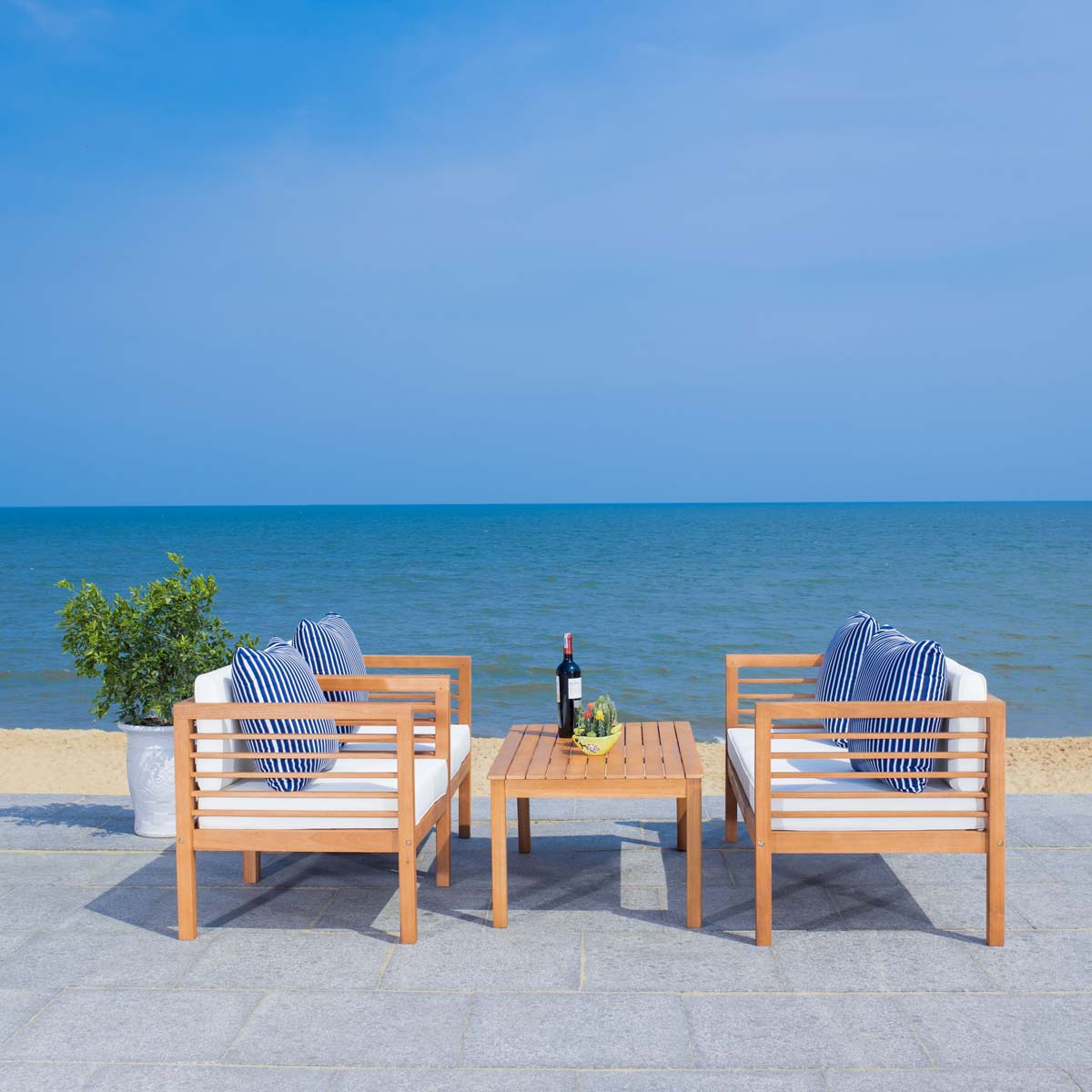 Safavieh Alda 4 Pc Outdoor Set With Accent Pillows , PAT7033 - Natural/Beige/Nvywht