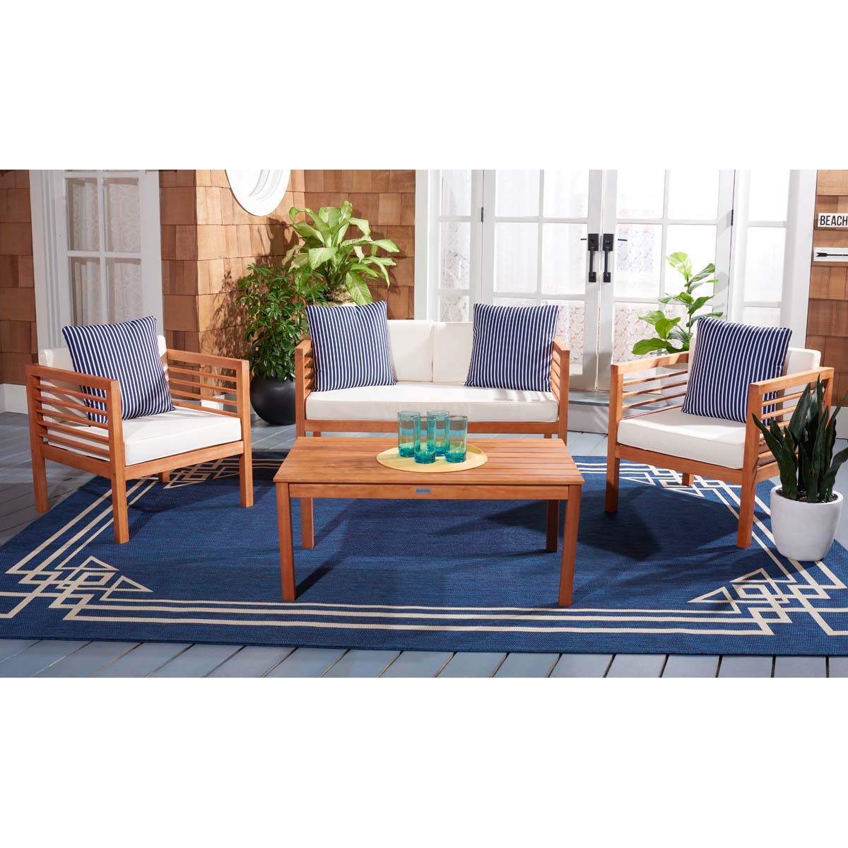 Safavieh Alda 4 Pc Outdoor Set With Accent Pillows , PAT7033 - Natural/Beige/Nvywht
