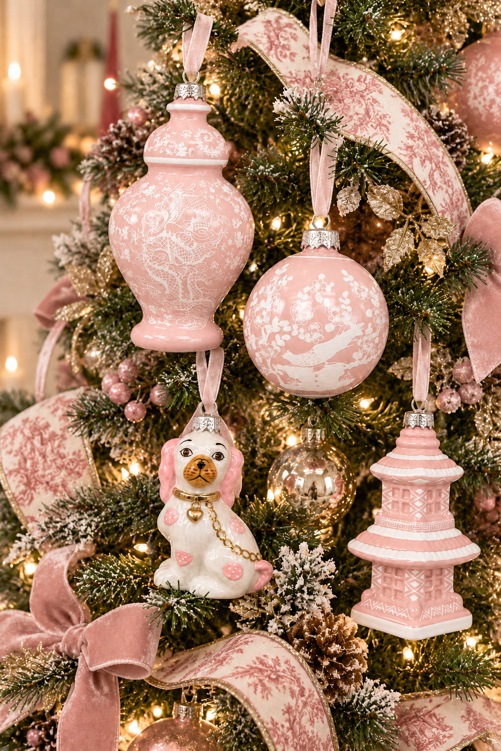 PINK & WHITE DOT PAGODA ORNAMENT