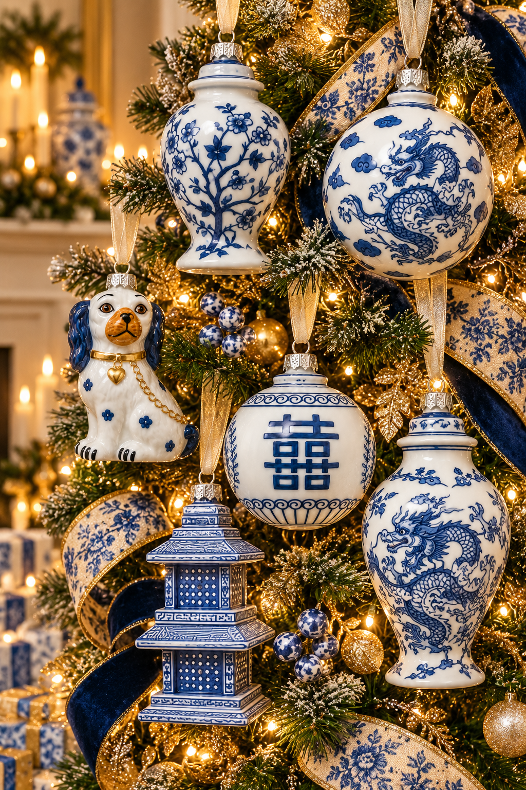 Blue & White Flat Top Happiness Ornament