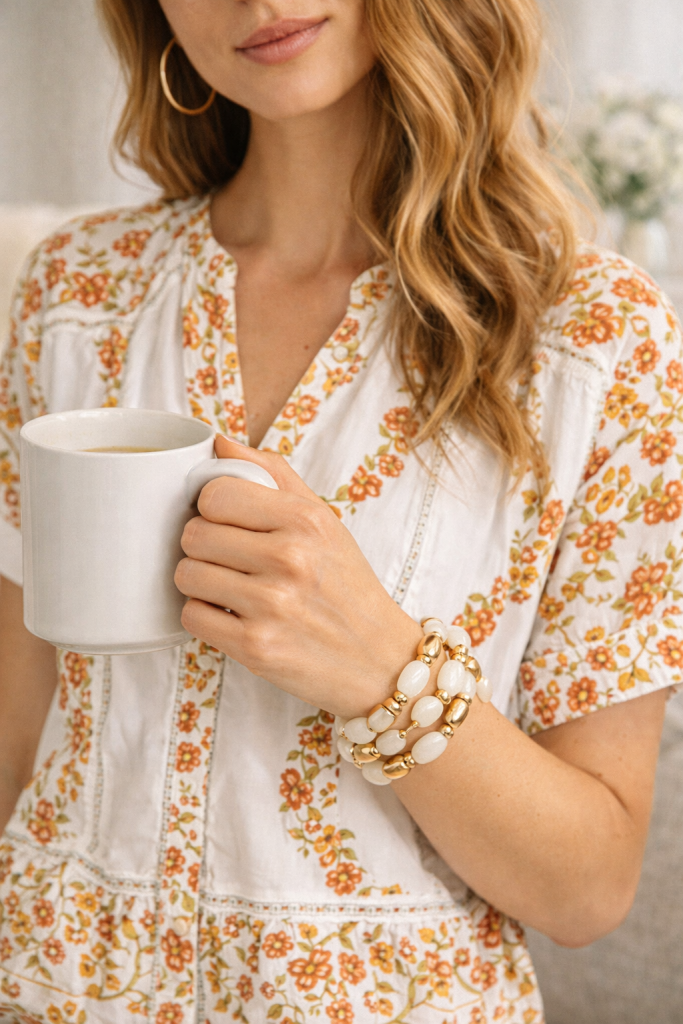 White and Gold Stretch Three Layer Bracelet