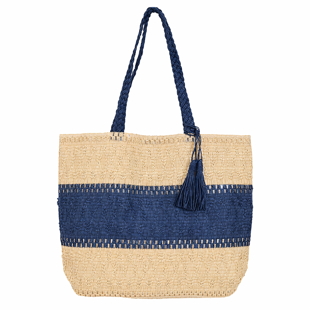 Two Tone Navy Raffia Tote