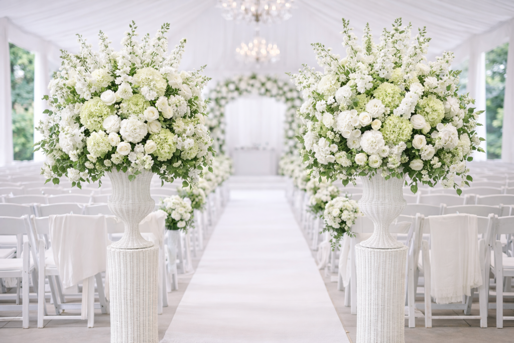 White Round Wicker Urn and Pedestal (3 Options)