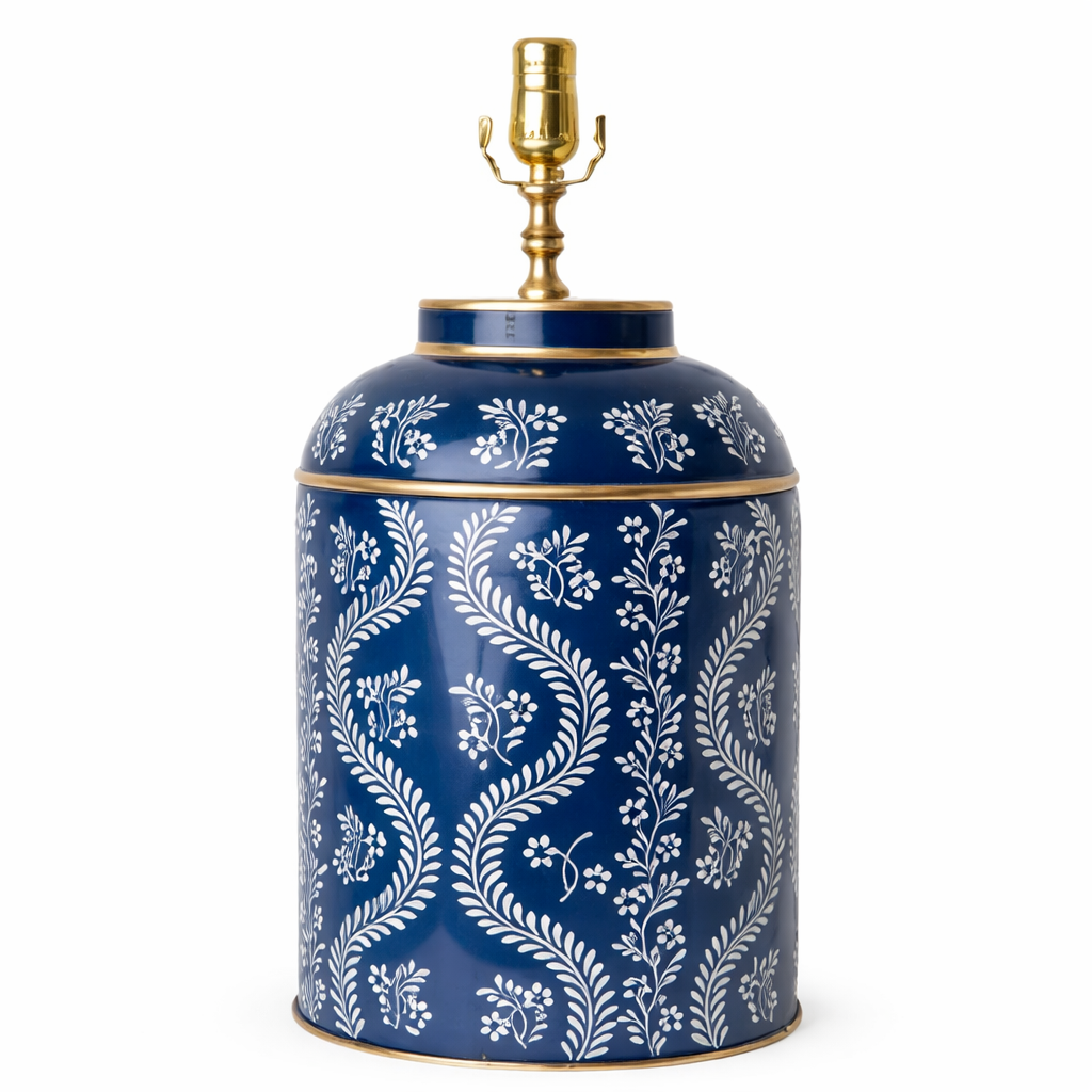 Navy & White IKat Trellis Tea Caddy Lamp