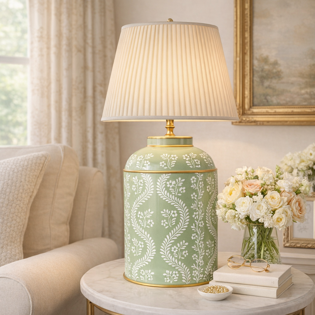 Green Ikat Trellis Tea Caddy Lamp