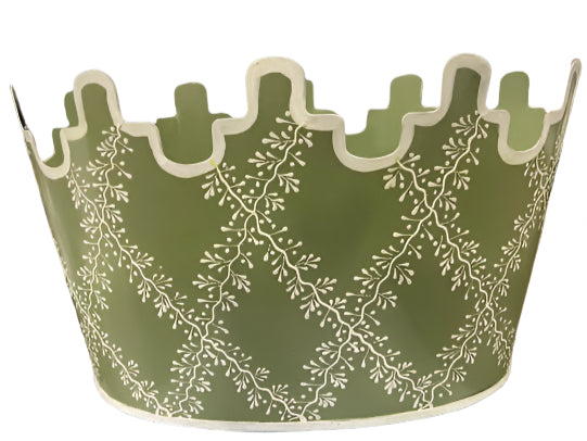 Green & White Trellis Scalloped Footed Planter