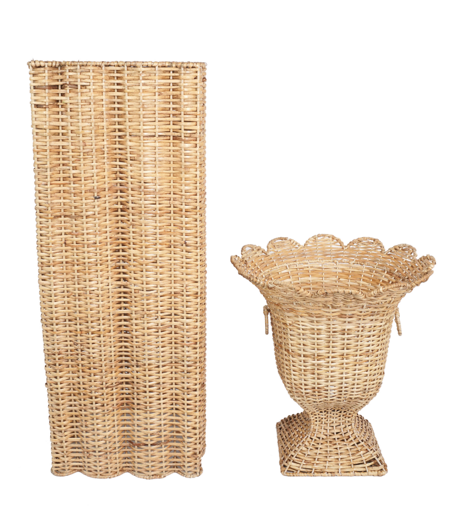 Square Scalloped Wicker Urn and Pedestal