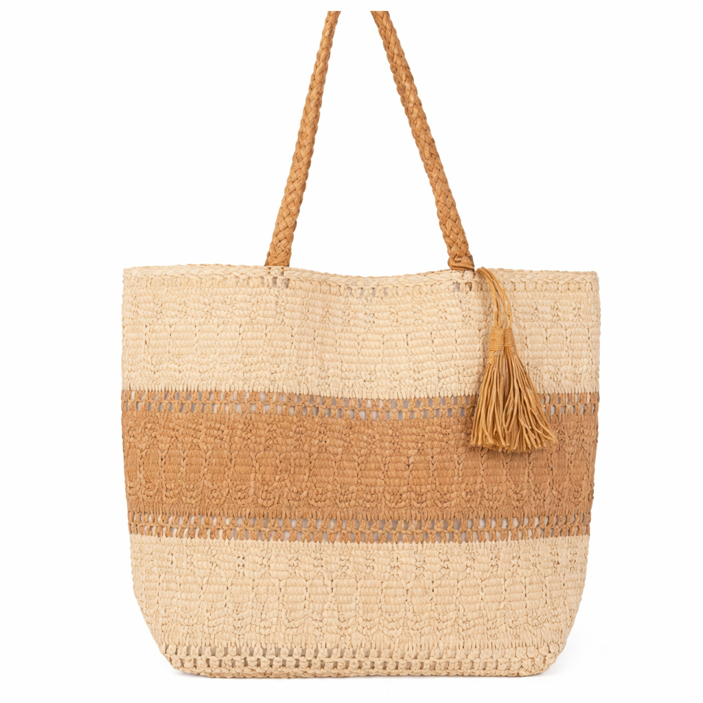 Two Tone Beige Raffia Tote