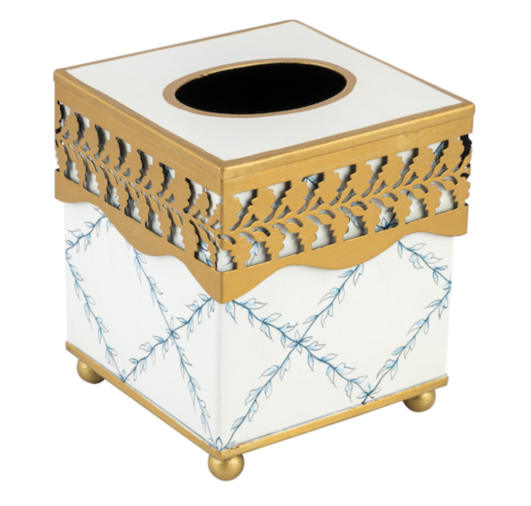 Ivory & Blue Pierced Gold Leaf Wastepaper Basket & Tissue (3 Options)