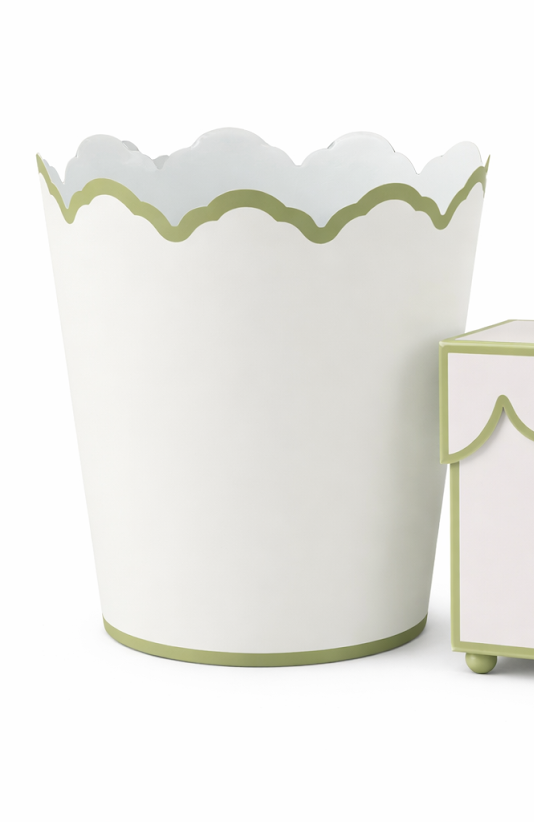 White & Olive Scalloped Wastepaper Basket & Tissue (3 Options)