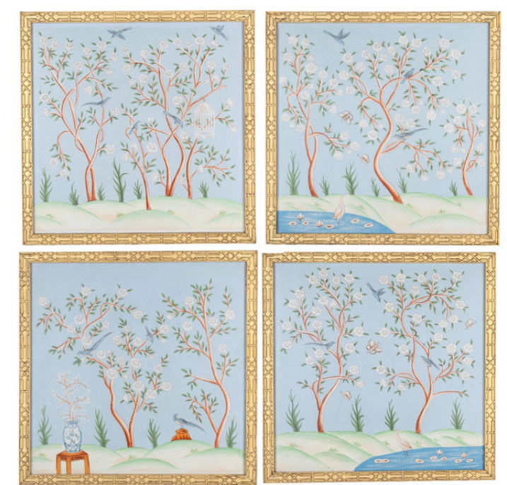Pale Blue and Multi Color CHINOISERIE MURAL WITH GOLD FRETWORK FRAME