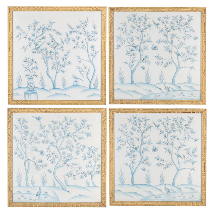 Ivory and Blue Chinoiserie Mural with Gold Fretwork Frame