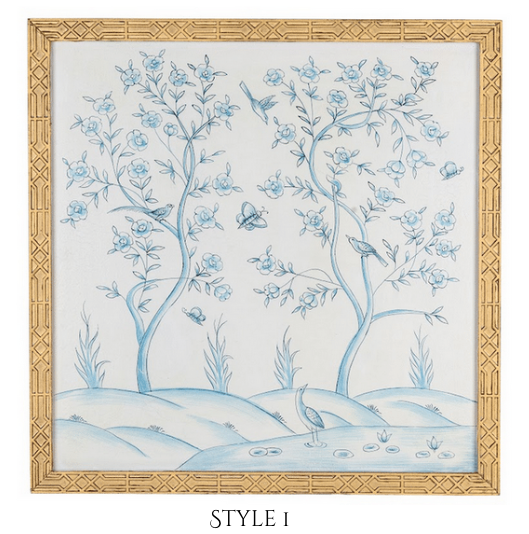 Ivory and Blue Chinoiserie Mural with Gold Fretwork Frame