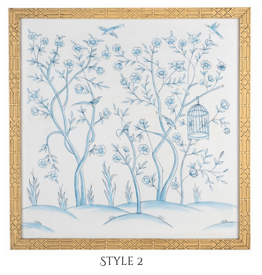 Ivory and Blue Chinoiserie Mural with Gold Fretwork Frame