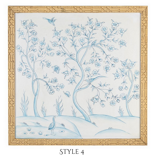 Ivory and Blue Chinoiserie Mural with Gold Fretwork Frame