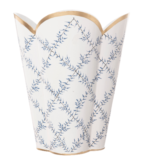 Ivory & Blue Leaf Trellis Wastepaper Basket: Final Sale