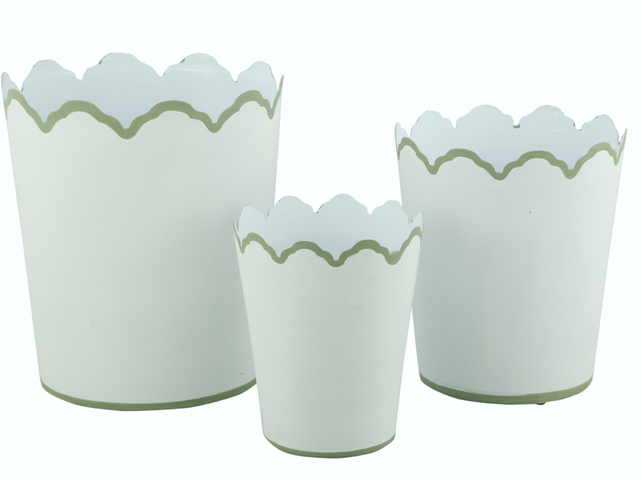 Set of 3 White & Soft Green Scalloped Planters