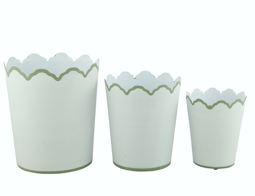 Set of 3 White & Soft Green Scalloped Planters