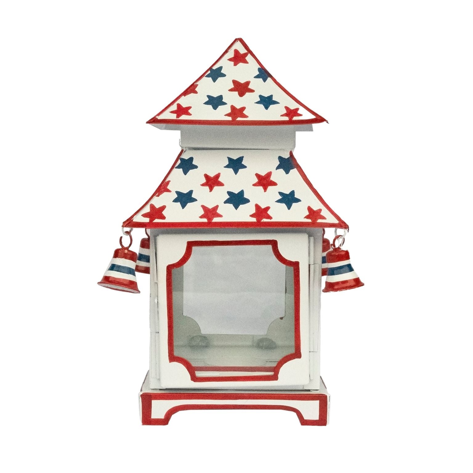 White with Red & Blue Star Red Trim Pagoda Lantern