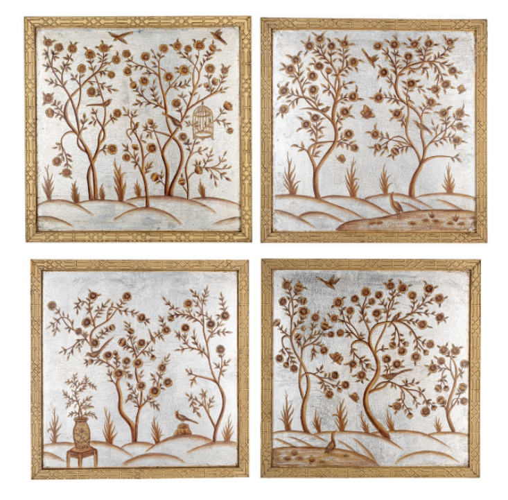 Pewter and Gold CHINOISERIE MURAL WITH GOLD FRETWORK FRAME