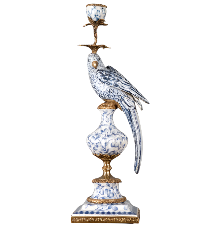 Blue & White Porcelain Bird Ormolu Candle Stick