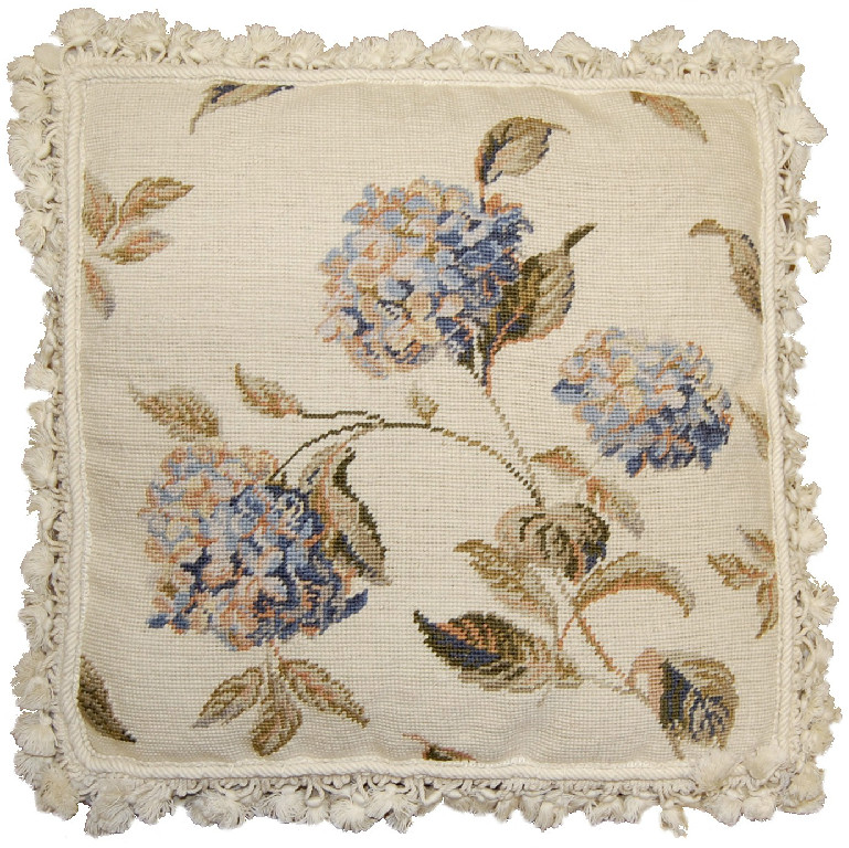 Blue hydrangea & Ivory Floral Needlepoint Pillow