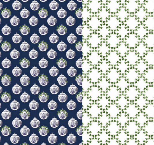 Reversible Navy Ginger Jar and Green Trellis Gift Wrap