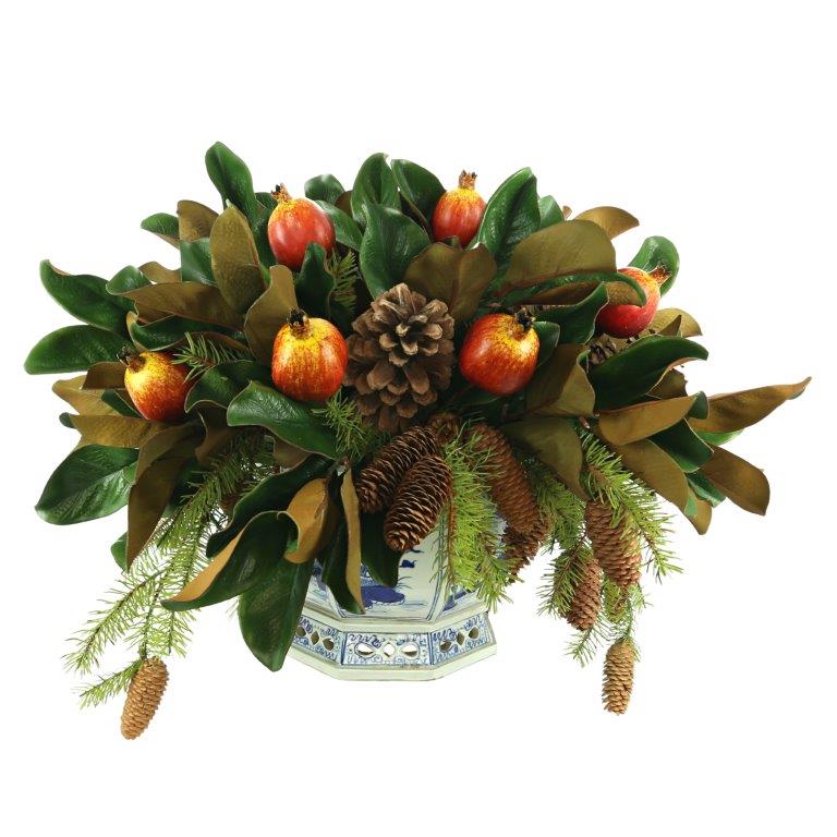 Large Pomegrant & Magnolia Arrangement in Porcelain Planter