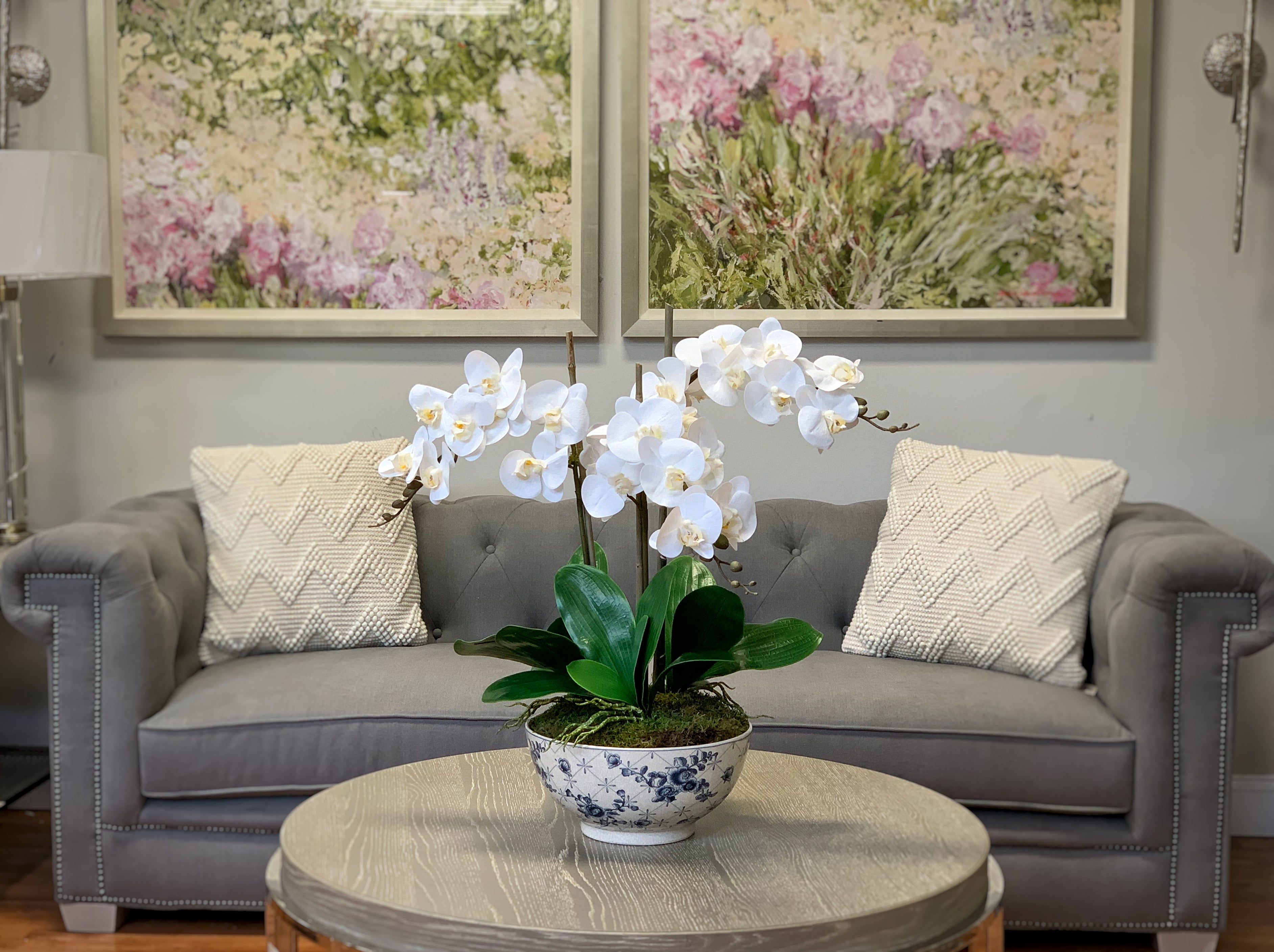 3 Steam White Orchid in Floral Trellis Bowl
