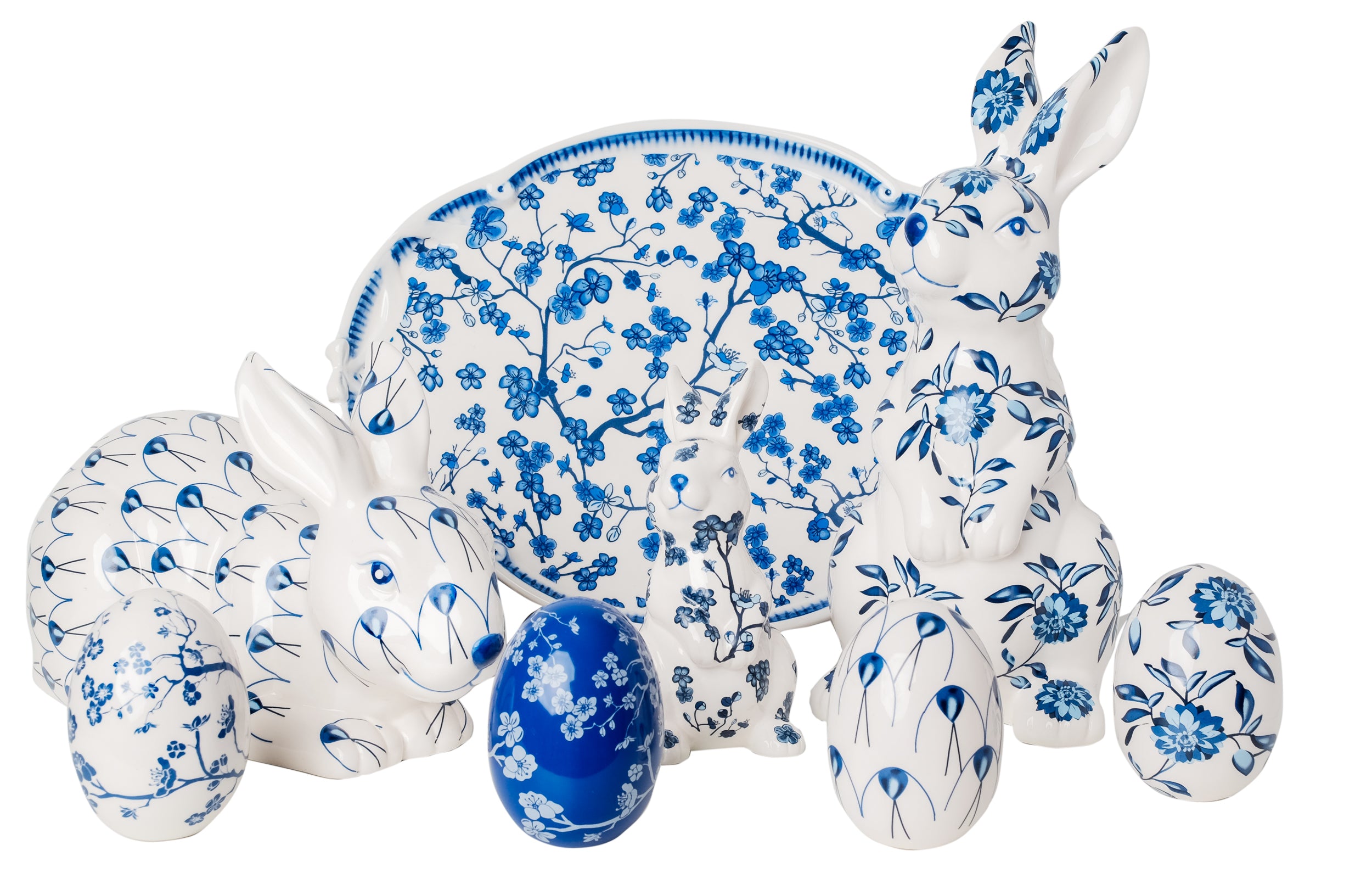 Blue & White Porcelain Egg, Bunnies, and Tray Complete Collection