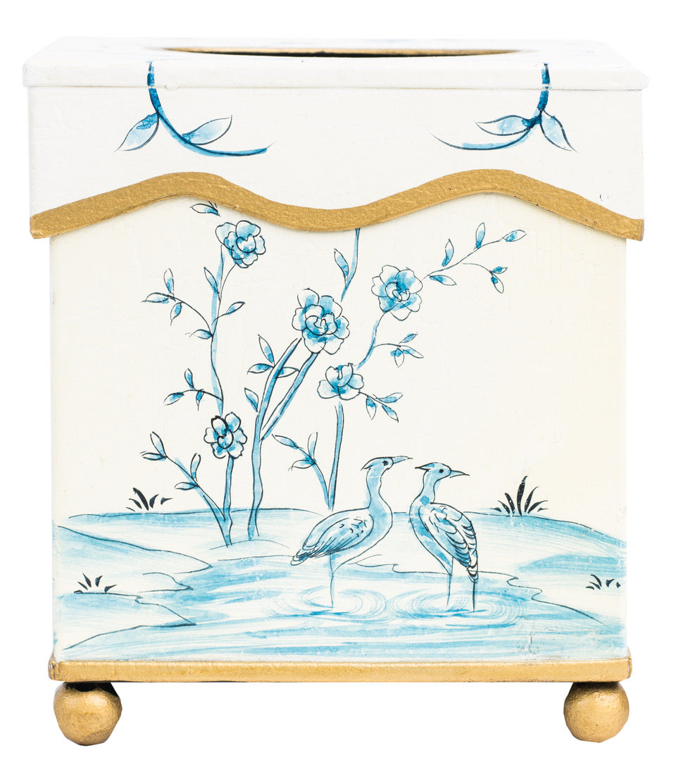 Ivory & Blue w/Gold Trim Scalloped Wastepaper Basket & Tissue (3 Options)