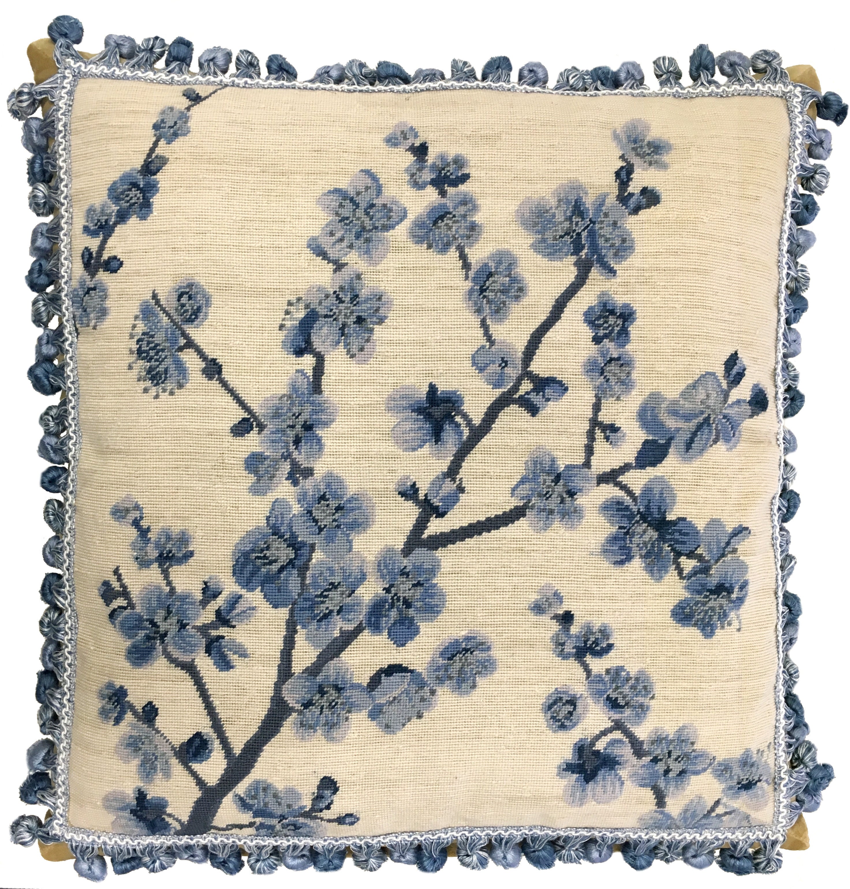 Cherry Blossom Square Needlepoint Pillow