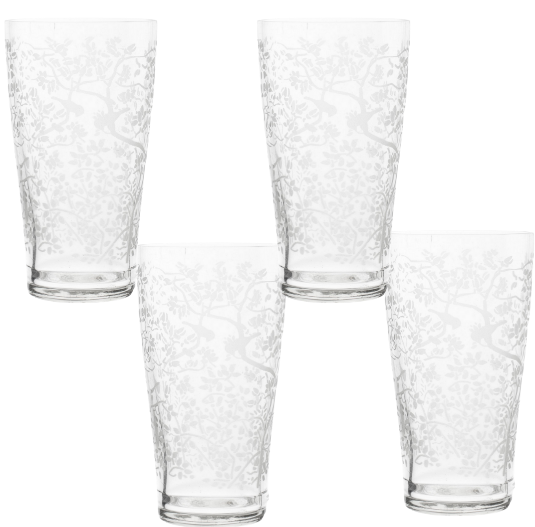 Etched Chinoiserie Bird and Floral High Ball Glassware